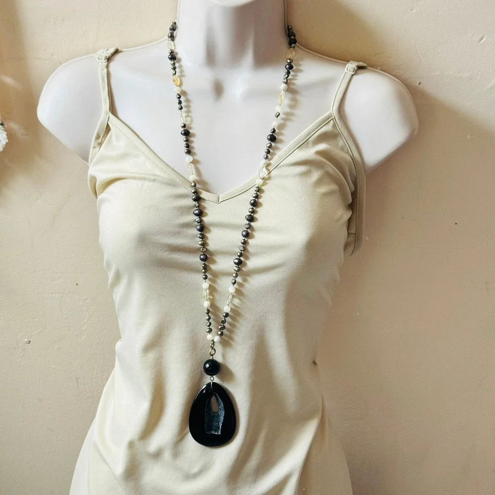 VTG‎ Y2K Pearl Druzy Onyx Citrine Necklace BOHO Artisan Mod Beaded OOAK 35